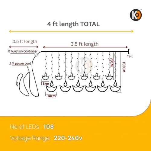 Image of K D 6+6 Diya Multi Curtain LED String Lights, 138 LEDs (3.5 ft Length + 0.5 FT Length After Adapter = 4ft) with 8 Modes Indoor Outdoor for Home, Diwali, Christmas (Big String Diya 6+6 Multi)