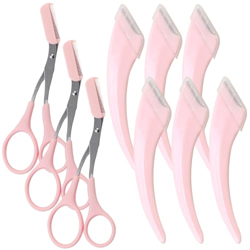 9 Pcs Eyebrow Trimmer Scissors with Comb, Curved Eye Brow Razor, Non-Slip Stainless Steel Facial Hair Removal Grooming, Brow Shaping Beard Shaving Kit Beauty Accessories for Women Men