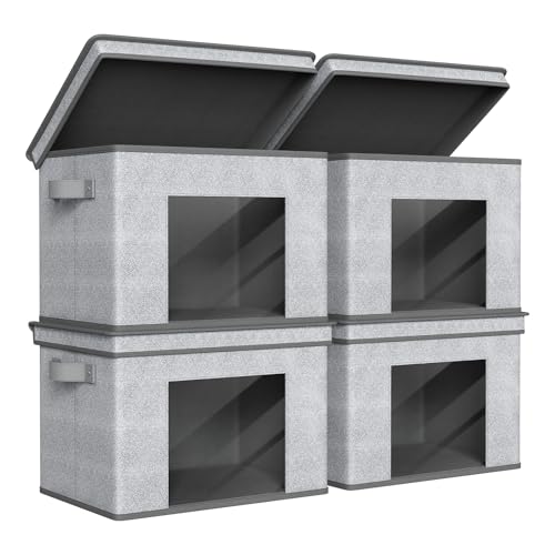 Univivi Foldable Fabric Storage Boxes Large Storage Bins with Lids [4-Pack] Collapsible Storage Cubes Organizer Containers Organization Baskets for Home, Bedroom, Closet (Gray, 17“ x 12” x 12″)