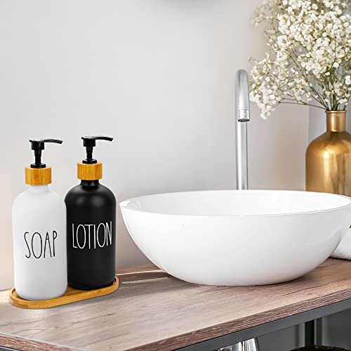 Soap and Lotion Dispenser Set with Tray by Brighter Barns - Hand Soap Dispenser Bathroom Set - Glass Bathroom Soap Dispenser Set Pump -Farmhouse Bathroom Decor, Boho Bathroom Accessories (Black/White)