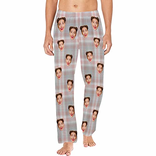 Personalized Photo Face Pajama Pants for Men Custom Plaid Stripes Pajama Sleepwear Bottoms with Pockets