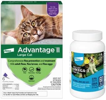 Advantage II Vet-Recommended Flea Prevention for Large Cats and Free Form Omega-3 Fish Oil Snip Tips for Small Dogs and Cats | 6-Pack + 60-Count