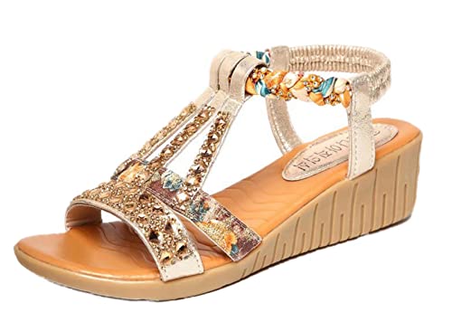 DrmSweet sandales pour femmes été bohême plate-forme chaussures à semelles compensées cristal gladiateur Rome femme chaussures de plage décontracté bande élastique femme
