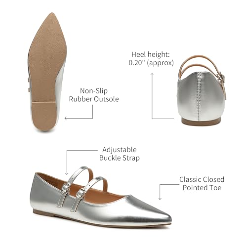 Image of Trary Flats for Women Mary Jane Shoes Women Closed Pointed Toe Ballet Flats Comfortable Slip on Dressy Adjustable Strap Cute Walking Office PU Leather Mary Janes Flat Shoes