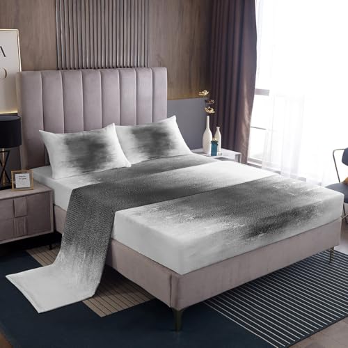 Grey White Asbtract Art Bed Sheets Set Full Size Modern Bedding Set for Kids Boys Girls Decor Geometric Fitted Sheet Breathable Soft Lightweight Microfiber Bedroom Decor Bedclothes