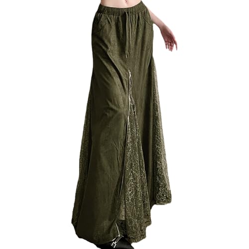 Women's Fashionable Casual Long Skirt, Summer Retro Artistic Style lace Patchwork Pocket Green Drawstring Skirt