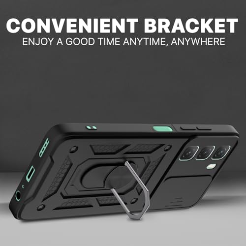 Image of Pikkme Back Cover for Infinix Hot 50 5G | 360 Protection Case | Sliding Camera Shield Cover & Ring Holder Stand D10 Tough Armor Bumper Case (Black)