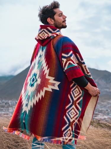 Image of Wool Poncho Men - Handmade Alpaca PONCHO - Mexican Poncho Style - Cowboy Ponchos for Men - Alpaca Ponchos.