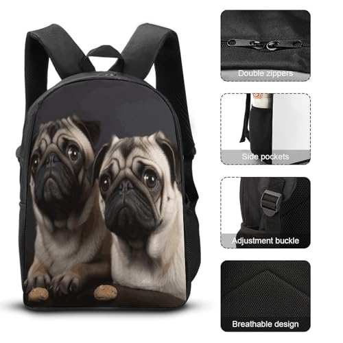 Printed Backpack With Lunch Pack Storage Box Case Cute Pet Pug 3pcs Lightweight Travel Backpack3