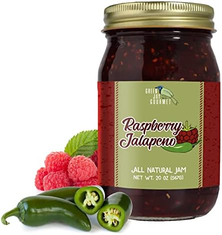 Green Jay Gourmet Raspberry Jalapeno Jam - All-Natural Raspberry Jam with Red Raspberries, Jalapeno Peppers & Lemon Juice - Vegan, Gluten-free Jam with No Preservatives - Made in USA - 20 Ounces