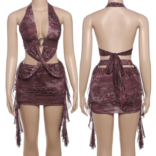 Image of Women's Sexy Open Back Floral Tropical Vacation Dress Crop Wrap Mesh Ruffle Mini Dress Beach Dresses