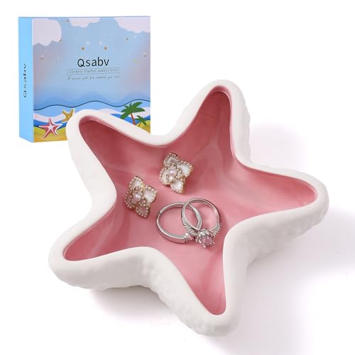 Qsabv Starfish Ceramic Jewelry Tray, Shell Trinket Dish, Ocean-themed Ring Holder Dish Decorative Plate for Earrings Necklaces Bracelet Watch Key, Pink Coastal Room Decor