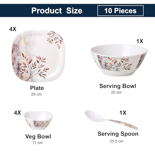 Image of Golden Fish 10 Pcs Dining Set with Serving Bowl & Spoon | 4 Full Plates, 4 Veg Bowls, 1 Donga & 1 Serving Spoon | Clean Table Setup Dinnerware for Home Use, Daily Meals & Gifting