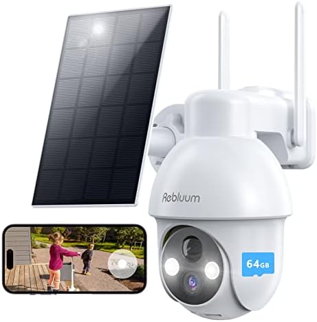Rebluum Security Camera Wireless Outdoor, 2K Solar Security Camera, Battery Powered 360°PTZ Security Camera, Color Night Vision, 2-Way Audio, Compatible with Alexa (64GB SD Card Pre-Installed)