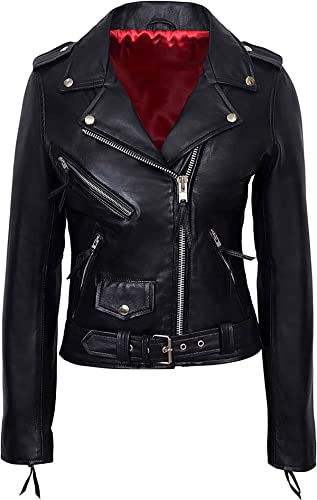Valentine Romance Ladies Black With Red Lining Real Leather Brando Fitted Urban Look Biker Jacket