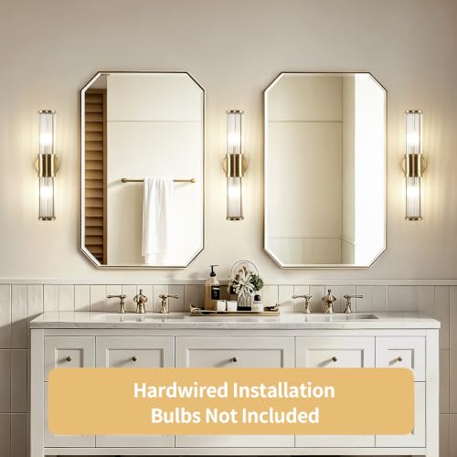 Image of Brushed Brass Wall Sconces Set of 2, Bathroom Sconces with Clear Glass Rods Shape, Modern Vanity Light Fixture for Living Room Bedroom Hallway (Bulbs Not Included)