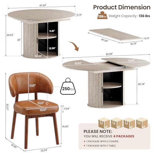 Image of MALOL 47 inch-63 inch Extendable Round to Oval Dining Room Table Chairs Set for 4-8, Modern Wooden Kitchen Table and Chairs with Hidden Storage and Fluted Design for Dining Room /Small Space(White and Brown)