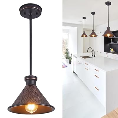Tarentlight Max 58”Ht Adjustable Tube Mini Pendant,Vintage Hammered Pattern Cast Aluminum Shade,1-E26 Classic Lamp,Oil Rubbed Bronze Farmhouse Hanging Light for Kitchen Island,Entryway,Dining Room.