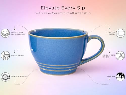 Image of Bodhi House Large Ceramic Coffee Mug | Microwave & Dishwasher Safe | Bone-Ash Free Cappuccino Mug | Multi-Purpose Food Grade Latte Coffee Mug Ideal for Daily Use & Gifting (500ml | Mid Blue)