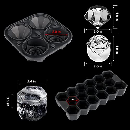Pack 2, Aidacom Rose Ice Molds & Large Ice Cube Trays (Black Cube Tray + Diamond Rose Mold) #TOP5