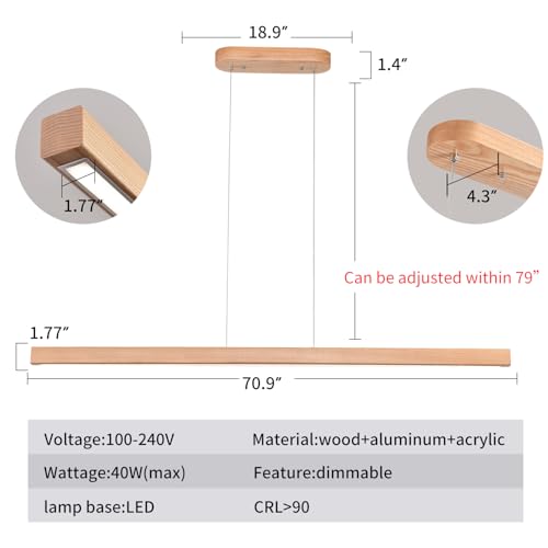 Image of 71 inch Wooden Linear Pendant Light LED Pendant Lights Dimmable Pool Table Island Lights Modern Linear Chandeliers for Dining Room Kitchen Ceiling Pendant Lamp for Kitchen Island Billiard Room Natural