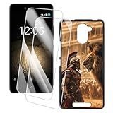 OAGELIM 2er Pack Bildschirm Schutzfolie + Hülle Kompatibel mit BQ Aquaris U Plus (5 Zoll) Künstlerisch Bedruckte Hülle & Gehärtetes Glas Kratzfest (Krieger)