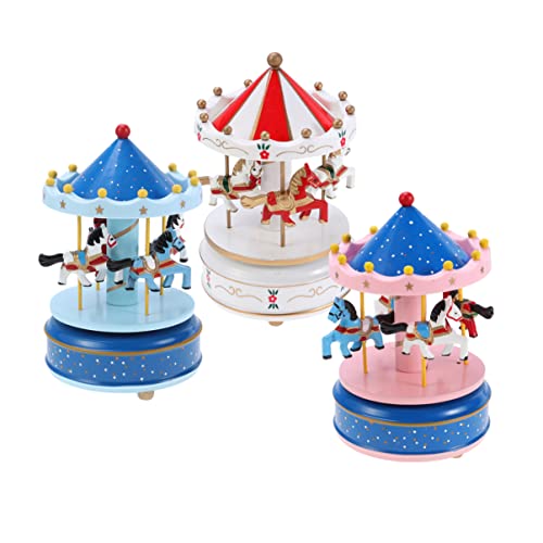 Lifkome Carousel Music Box, Wooden Carousel Music Box 3- Horse Figurine Rotating Music Box Merry- Go- Round Wooden Musical Box For Christmas Birthday Valentines Gifts (Style 3, Pink Blue) #TOP2