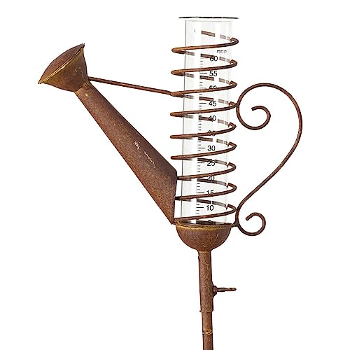 ReWu Regenmesser mit Erdspieß aus Eisen 121 cm lang in Form Einer Gießkanne mit Edelrost in Braun mit Patina Niederschlagsmesser Aus Glas mit Skala Wetterstation