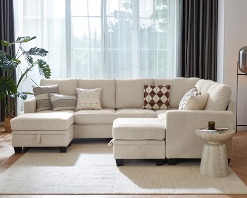 Image of CHIC HOUSE Modular Corner Sectional Sofa with Storage Ottoman, Corduroy L-Shaped Couch, Compact Small Space Furniture for Living Room & Apartment, (Beige, 8 Seater L-Shaped)