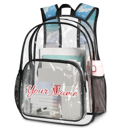 Personalized Small Clear Backpack Stadium Approved Heavy Duty PVC Plastic Custom Transparent Backpacks See Through Bag with Name, Starfish Beach Theme