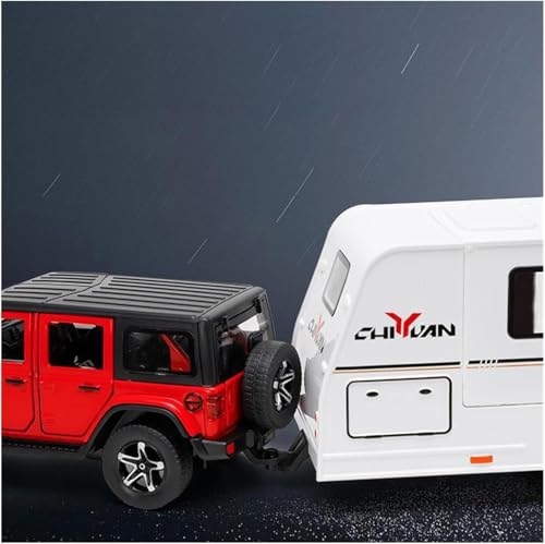 Image of 1:32 Wrangler Rubicon with Trailer - Red Alloy Diecast Pullback Metal Car Toy with Sound Light & Opening Doors - Best Gift Toy for Kids