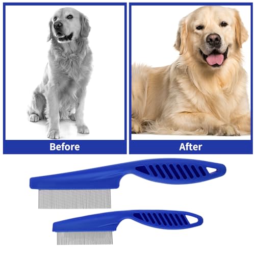 TIESOME Haustierhaarkamm Tränenfleckentfernung, 2 Pack Multifunktionskämme für Haustiere Grooming Kit 2 in 1 Hundekämme Edelstahlkamm Massagekamm Doppelseitiger Kamm(Blau)