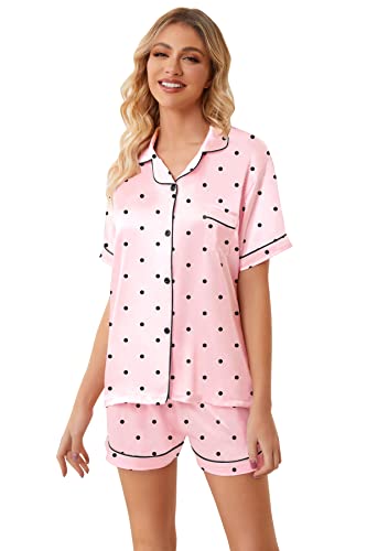 Image of Umeyda Women & Girls Pajamas Set, 2 Piece PJS Satin Silk Sleepwear Button-Down Top with Shorts for Mom Kids Gifts