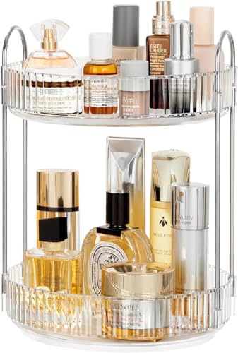 Image of Golden bird 360 Rotating Makeup Organizer Stand Cosmetic Storage with Hooks, Dressing Table Organiser, Organizer Storage Box for Make-up Accessories (Clear White, 2 Tier)