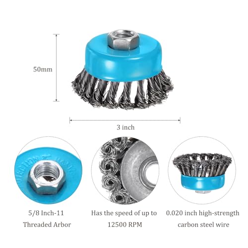 Image of Twisted Knotted Wire Cup Brush for Angle Grinder - [3 Inch] for Paint Stripping Cleaning Rust Duty Abrasive, 5 /8 Inch-11 Threaded Arbor, .020 Carbon Steel Wire, Light Blue