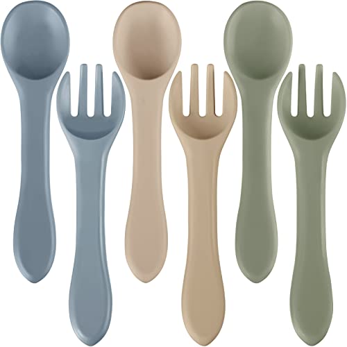 6 Items Silicone Child Feeding Forks and Spoons Set Scorching Security First Stage Self Feeding Provides Mini Youngsters Utensils for over 6 Months Infants Boy Lady Toddlers First Meals (Impartial Coloration,Easy Model)