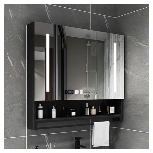 Moderno botiquín de baño con espejo y control táctil, antivaho, soporte para toallas, almacenamiento elegante para medicamentos y artículos esenciales, diseño de ahorro de espacio.