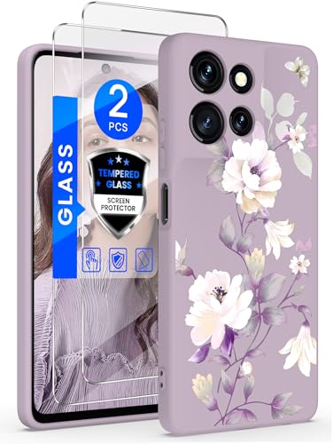 Yucenx for Motorola Moto G 5G 2025 Case, Girls Women Florals Liquid Silicone Phone Case, Shockproof Anti-Scratch Soft Protection Case with 2X Screen Protectors for Moto G 5G 2025 (Purple)