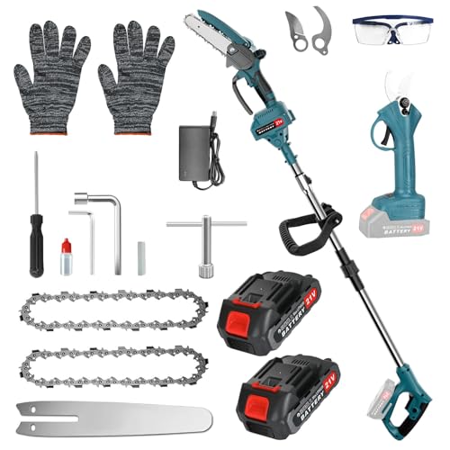 BIAOQINBO Kit de Podadora de Pértiga y Tijeras Eléctricas y Mini Motosierra Bateria 6 Pulgadas 4 en 1 | Altura Ajustable 4m | 2 Baterías 2000mAh | Para Jardín y Huerto
