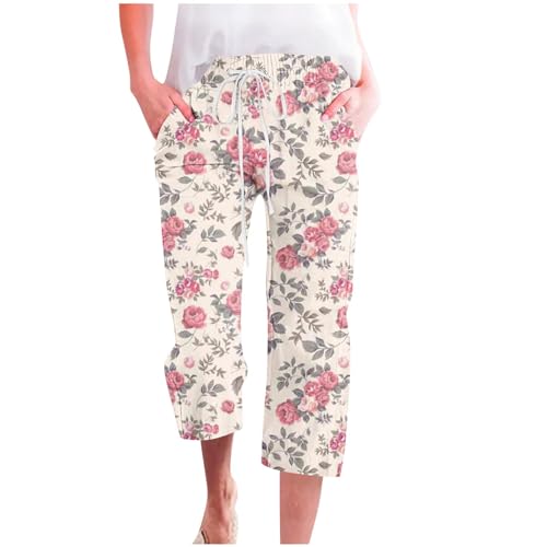 Womens Boho Floral Print Pants Casual Loose Fit Drawstring High Waist Capris Straight Leg Beach Cropped Trousers