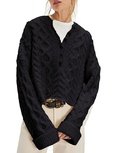 Women's Chunky Cable Knit Sweater Casual Long Sleeve Crewneck Crochet Pullover Boho Fall Winter Tops