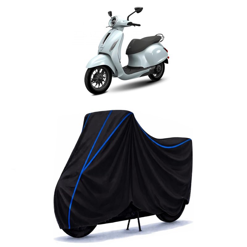 Image of Scooty Cover Water Resistant for Urbanite Chetak | Universal Scooter & Bike Cover | Heavy Duty UV Dust, Rain & Scratch Protection | Elastic Fit All Weather Indoor Outdoor | Black with Blue Piping
