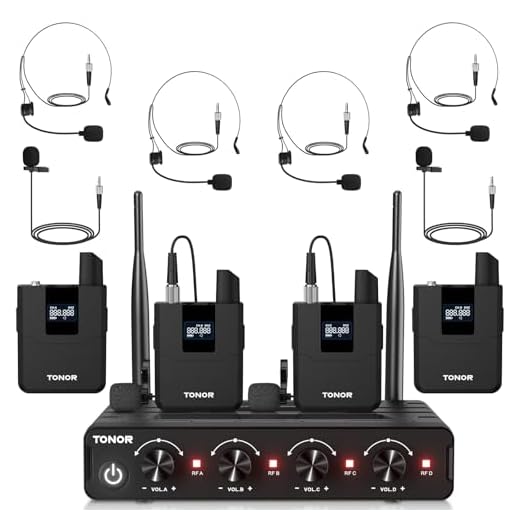 TONOR Set de Micrófono Inalámbrico UHF con 4 Transmisores Bodypack/Headset/Lavalier, 4x5 Frecuencias, Alcance de 60m para Canto, Karaoke, Iglesia, DJ, Sistema de PA y Altavoces, TW364