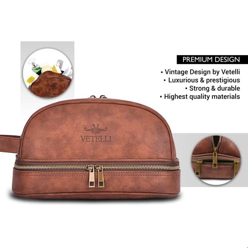 Vetelli-Classic-Leather-Mens-Travel-Toiletry-Bag-and-Dopp-Kit-with-Upper-and-Lower-Zippered-Compartments-2-Mesh-Bottle-Pouches-and-Carrying-Handle-Perfect-Travel-Gift-for-Men
