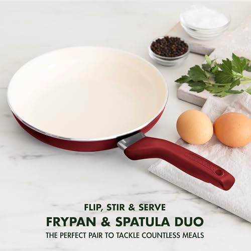 Image of GreenPan Rio Healthy Ceramic Nonstick 8 inch Frying Pan Skillet and Silicone Spatula Set, Soft Grip Handle, Breaktfast Meal Set, PFAS-Free, Dishwasher Safe, Oven Safe, Red