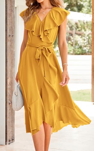 Image of PRETTYGARDEN Women's 2023 Summer Wrap Maxi Dress Casual Boho Deep V Neck Short Sleeve Ruffle Hem Split Beach Long Dresses