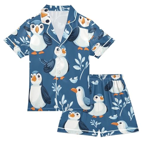Satin Pajama Sets Short Sleeve Cute Birds on Blue Button Down Silky Nightwear 2 Piece PJS 5-14Y