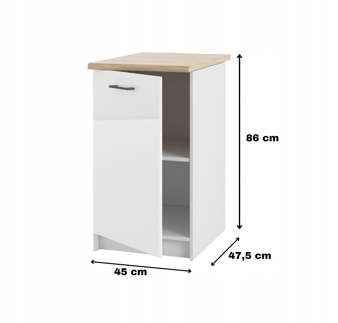 Unterschrank mit Arbeitsplatte 45 cm - stehende Türenschrank -aus MDF und weiß Acryl Glanz - zum Selbstaufbau, universell -mit der Möglichkeit - die Tür nach Links oder rechts zu öffnen