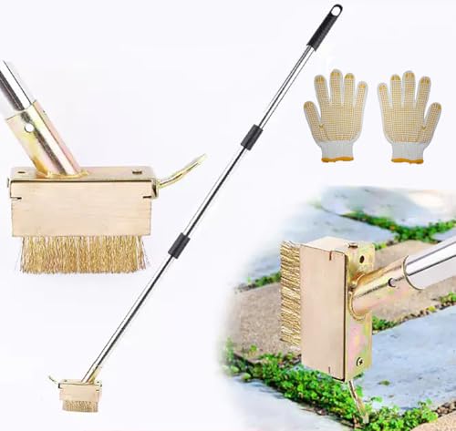 MiaoMa Weed Brush 120 cm Long Handle, Removable 2 in 1 Manual Crevice Weeding Brush, Crack Weeder, Stainless Steel Moss Remover Tool for Cleaning Patio Block Paving Grout Deck Paver Walkway Driveway