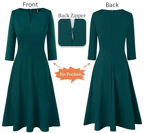 Image of VFSHOW Womens Work Business Front Zipper A-Line Dresses 3 /4 Sleeve Office Church Fit and Flare Skater Swing Knee Length Dress